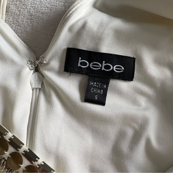 Bebe Cream Bodycon Sleeveless Mini Dress with Gold Studs & Sequins - Sexy Party - Picture 3 of 16